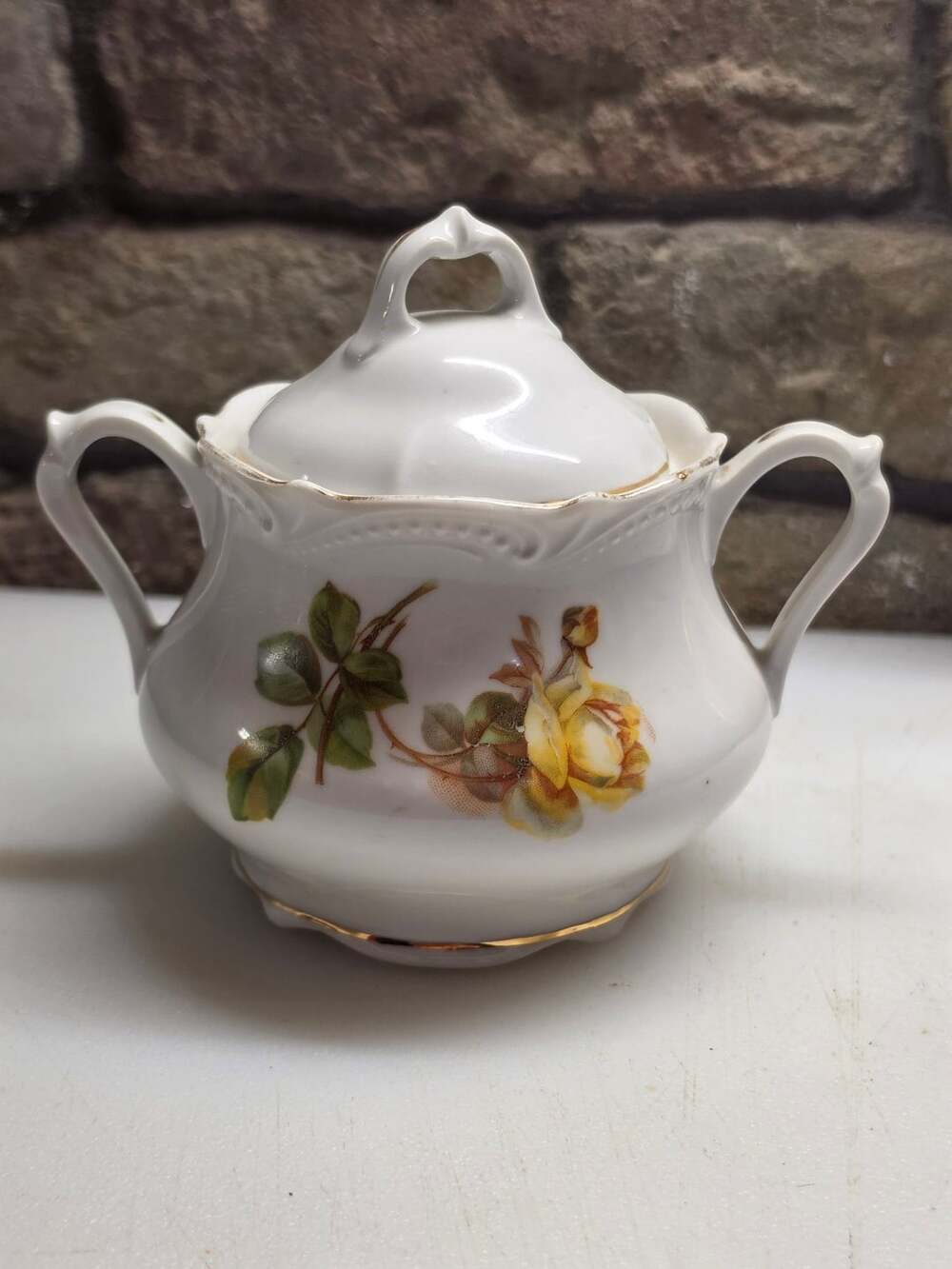 Silesia Sugar Bowl With Lid Yellow Roses Floral Gold Trim Porcelain